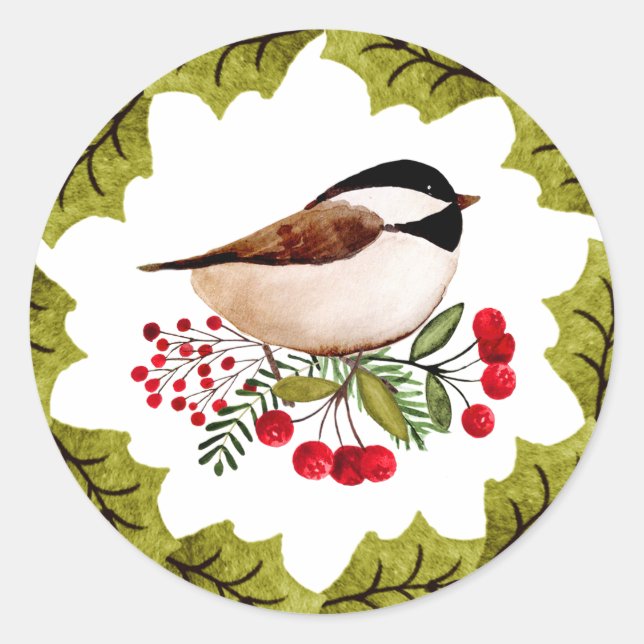 Adesivo Redondo Wreath Chickadee Sticker (Frente)