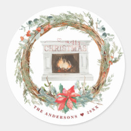 Adesivo Redondo Wreath Cozy Lareira de inverno Feliz Natal
