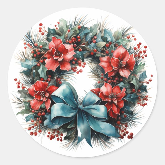 Adesivo Redondo Wreath da Aquarela de Natal com Holly (Frente)