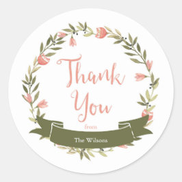 Adesivo Redondo Wreath Floral Cor-De-Água Rosa Obrigado