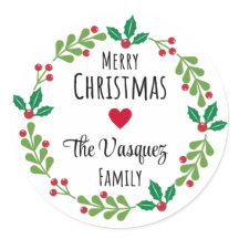 Wreath Merry Christmas Stickers Sobrenome Round