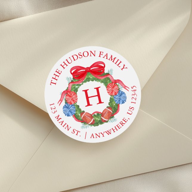 Adesivo Redondo Wreath Monograma de Futebol de Watercolor (Criador carregado)