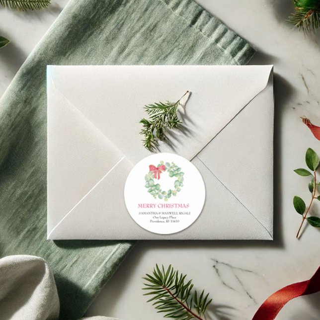 Adesivo Redondo Wreath Wreath Watercolor (Christmas return address labels watercolor wreath art by Victoria Grigaliunas VG Invites)
