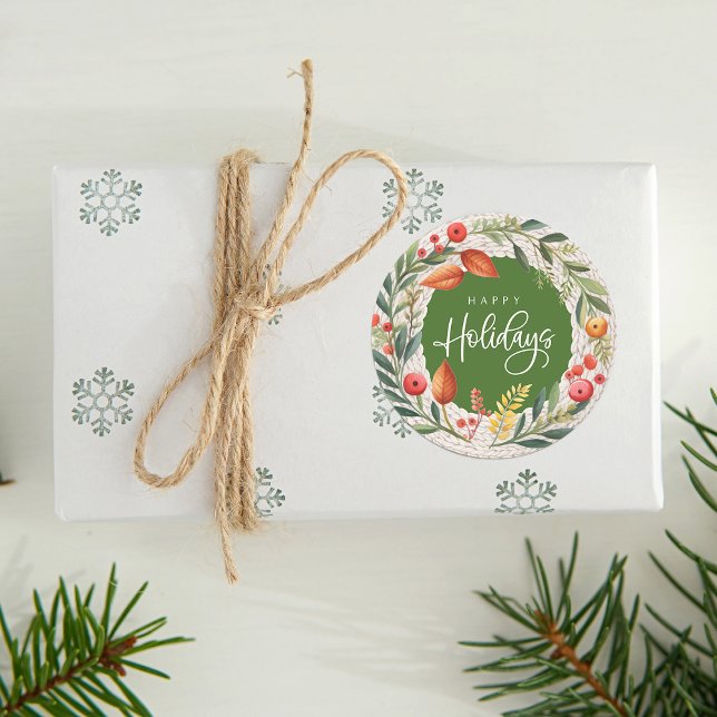 Adesivo Redondo Wreath Wreath Wrecolor (Happy Holidays Wreath Watercolor Classic Round Sticker)