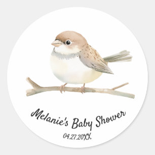 Adesivo Redondo Wren de Aquarela em um Chá de fraldas de Ramificaç