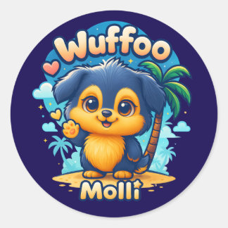 Adesivo Redondo Wuffoo Molli Cachorrinho Fofo Kawaii Ilha Tropical