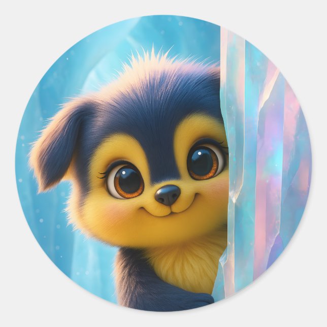 Adesivo Redondo Wuffoo Molli Fofa Kawaii Cachorrinho Caverna de ge (Frente)