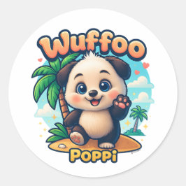 Adesivo Redondo Wuffoo Poppi Cute Kawaii Puppy Tropical Island