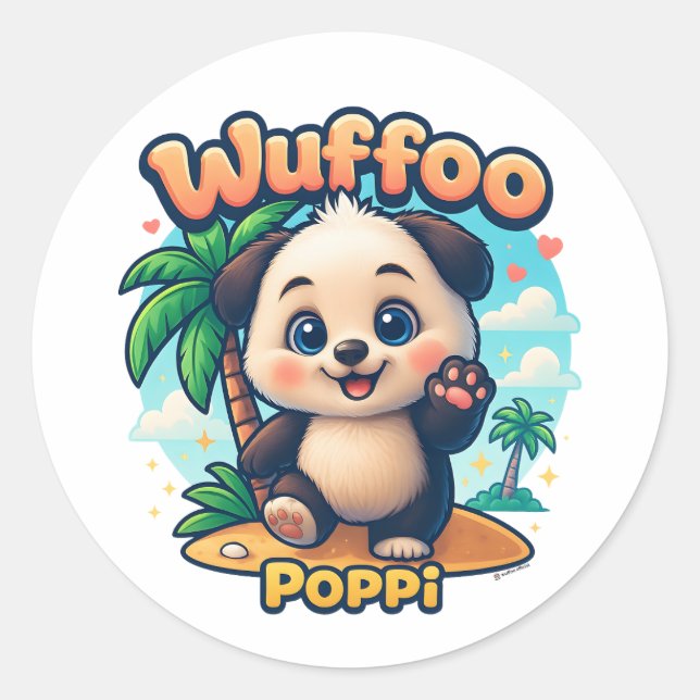 Adesivo Redondo Wuffoo Poppi Cute Kawaii Puppy Tropical Island (Frente)