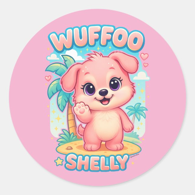 Adesivo Redondo Wuffoo Shelly Kawaii Puppy Tropical Island (Frente)