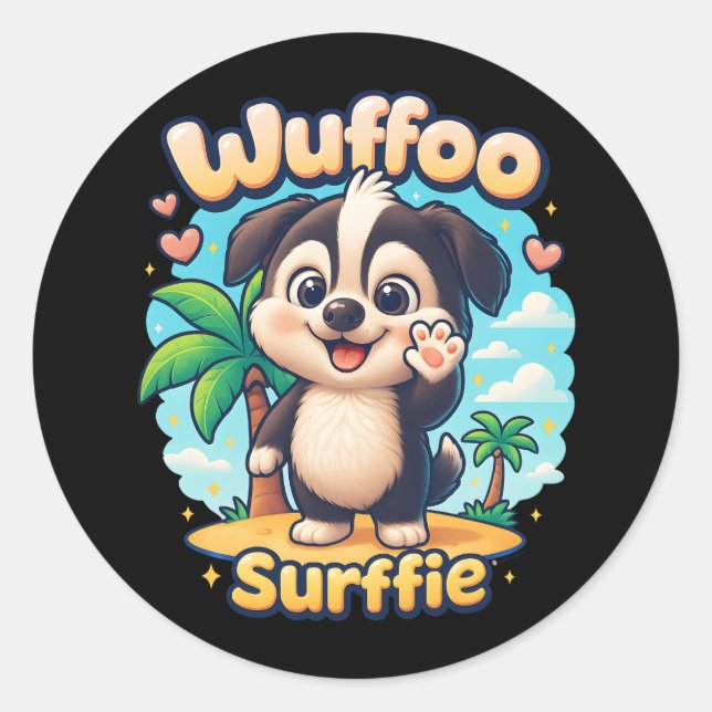 Adesivo Redondo Wuffoo Surffie Cute Kawaii Puppy Tropical Island (Frente)