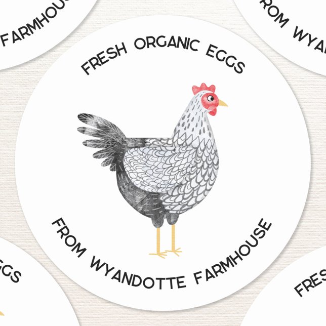 Adesivo Redondo Wyandotte Galinha Fazenda de Ovos Orgânicos Fresco (Fresh Organic Eggs custom text farm stickers featuring a watercolor painting of a Wyandotte chicken )