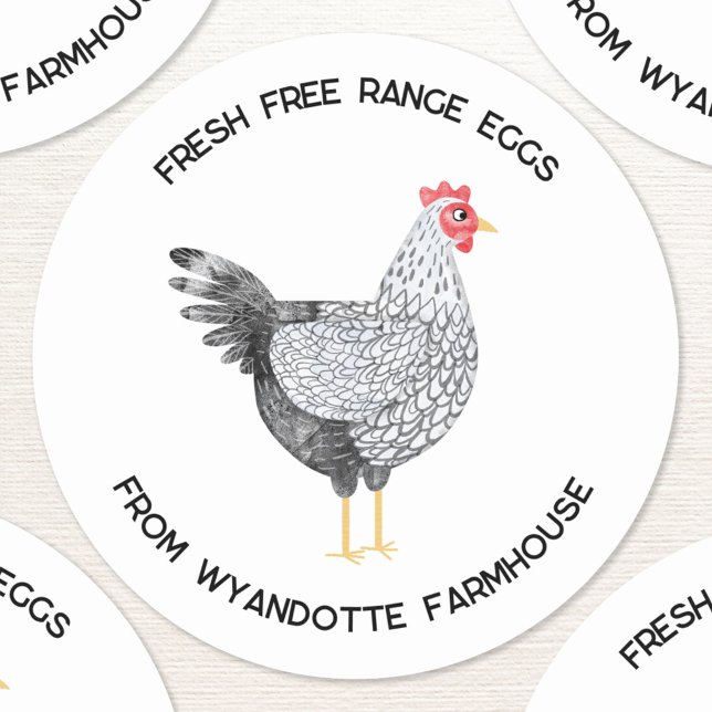 Adesivo Redondo Wyandotte Galinha Fresca Ovos De Intervalo Livre (Wyandotte Chicken watercolor hen custom text fresh free range eggs stickers)