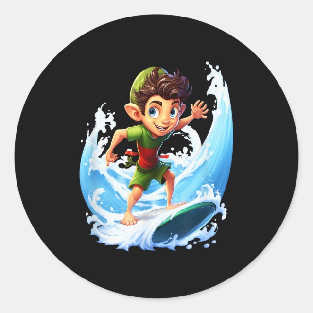 Adesivo Redondo X-mas Christmas Elf Riding Surfboard Surfboard  (Frente)