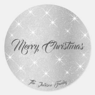 Adesivo Redondo X-Mas personalizável de estrelas de brilho pratea