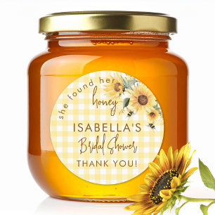 Adesivo Redondo Xadrez Amarelo Ela Encontrou Seu Mel Chá de Noiva