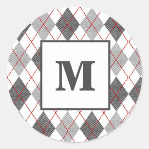 Adesivo Redondo Xadrez Argyle Vermelho Cinza Prata Monograma Perso