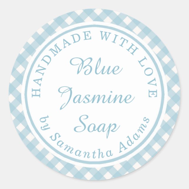 Adesivo Redondo Xadrez Azul Suave Feita À Mão Com Amor (Frente)