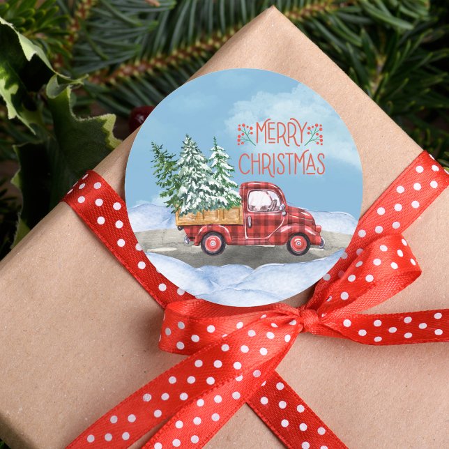 Adesivo Redondo Xadrez de Aquarela Vermelha Neve Feliz Natal (Watercolor Plaid Red Truck Snow Merry Christmas Classic Round Sticker)