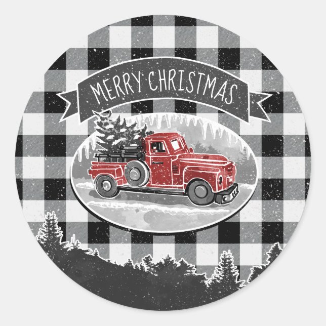 Adesivo Redondo Xadrez de Buffalo Branco do Caminhão Vermelho Vint (Frente)