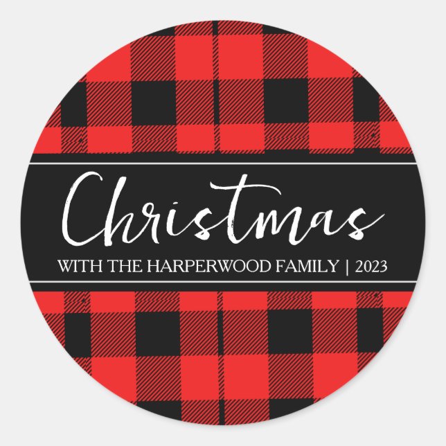 Adesivo Redondo Xadrez de Buffalo Mínima do Natal Nome da Família (Frente)