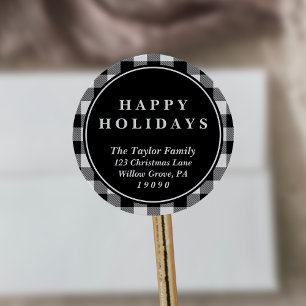 Adesivo Redondo Xadrez de Buffalo Negra Endereço de Volta de Natal