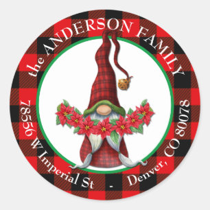 Adesivo Redondo Xadrez de Buffalo Poinsettia Gnome Endereço de ret