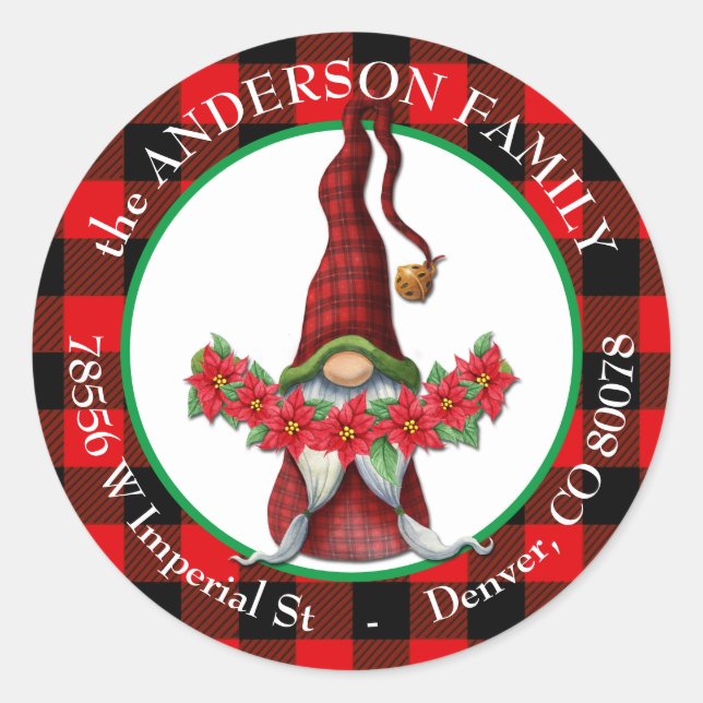 Adesivo Redondo Xadrez de Buffalo Poinsettia Gnome Endereço de ret (Frente)