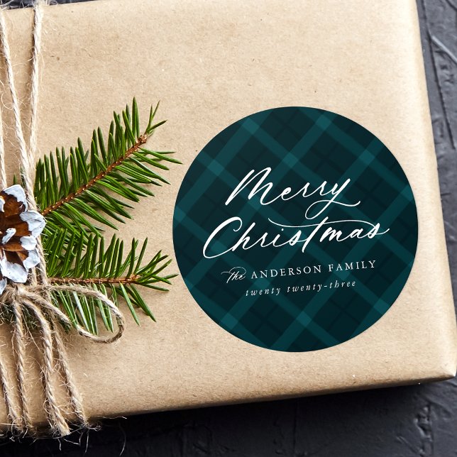 Adesivo Redondo Xadrez de chá escovada Feliz Natal (Criador carregado)