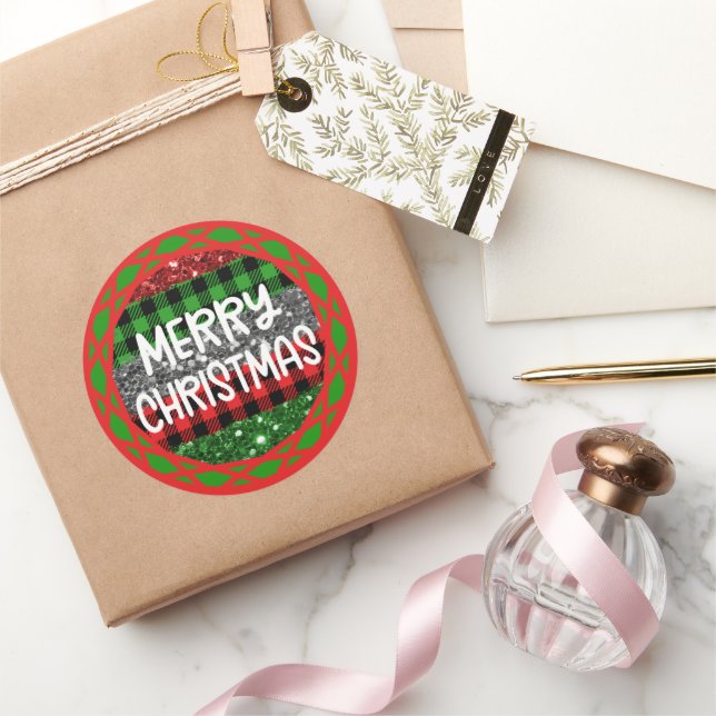 Adesivo Redondo Xadrez de Natal retrógrada e brilhante (Presentear)