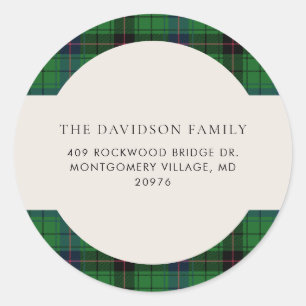 Adesivo Redondo Xadrez de Natal Tartan Verde Endereço Personalizad