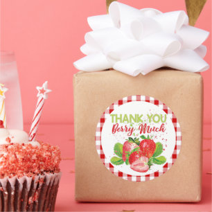 Adesivo Redondo Xadrez de Tema de Morango de Aniversário Obrigado