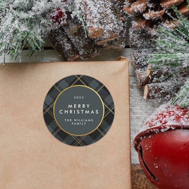 Adesivo Redondo Xadrez Escocês Dourado e Verde Escuro Feliz Natal (Criador carregado)