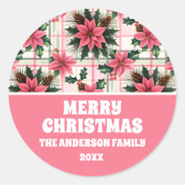 Adesivo Redondo Xadrez Floral de Natal Rosa Rosa Feliz Natal Feliz