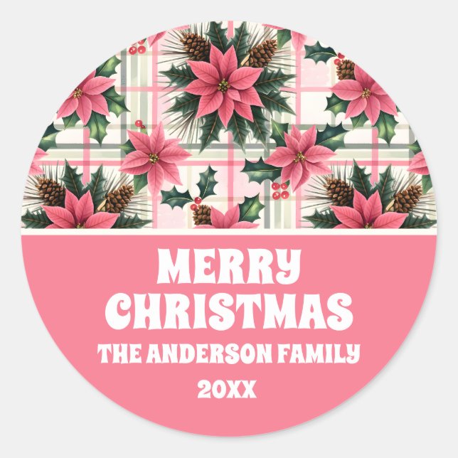 Adesivo Redondo Xadrez Floral de Natal Rosa Rosa Feliz Natal Feliz (Frente)