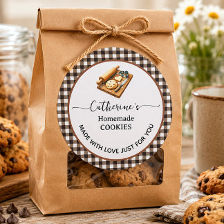 Adesivo Redondo Xadrez gingham assado com amor Biscoitos caseiros