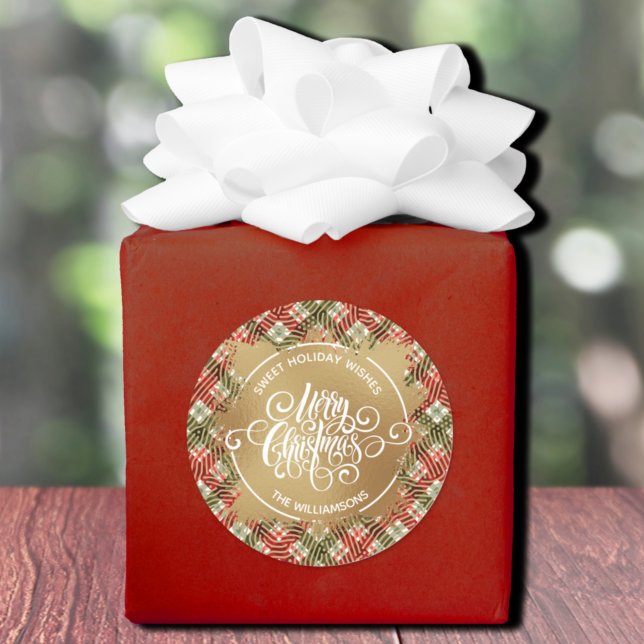 Adesivo Redondo Xadrez Natal (Plaid Christmas sweet holiday wishes homemade baking round stickers)
