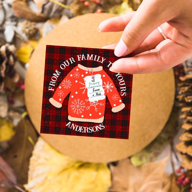 Adesivo Redondo Xadrez Negra Vermelha Doce Suado Feliz Natal (Red Black Plaid Ugly Sweater Cute Merry Christmas Classic Round Sticker)