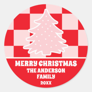 Adesivo Redondo Xadrez Red Tartan da Árvore de Natal Vermelha