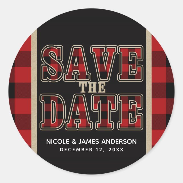 Adesivo Redondo Xadrez Rústica de Buffalo Negro Salva a Data (Frente)