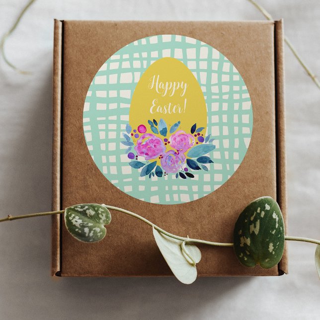 Adesivo Redondo xadrez rústico felz pascoa ovo de laranja floral (Criador carregado)