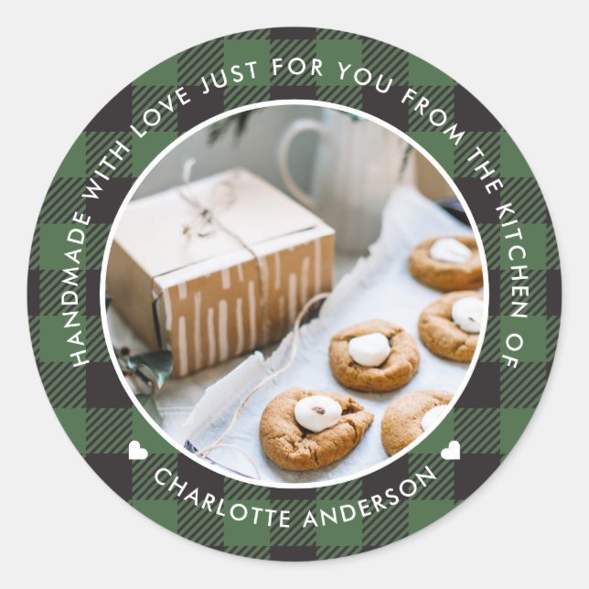 Adesivo Redondo Xadrez Verde Feita à Mão com Foto de Natal Com Amo (Frente)