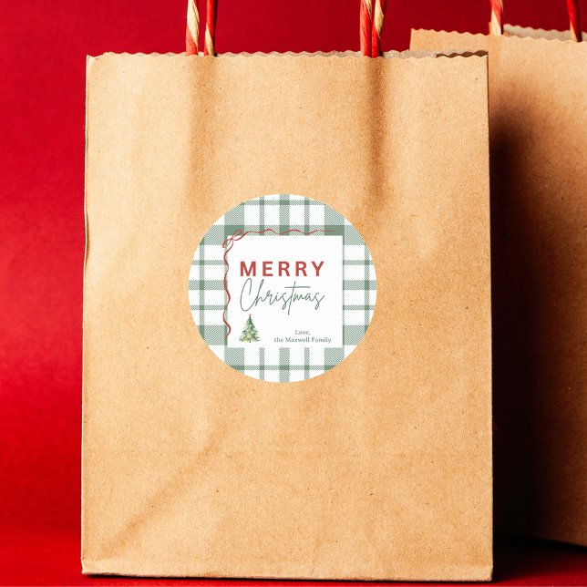 Adesivo Redondo Xadrez Verde Russo Vinheta de Natal Feliz (Rustic Green Plaid Merry Christmas Sticker
)