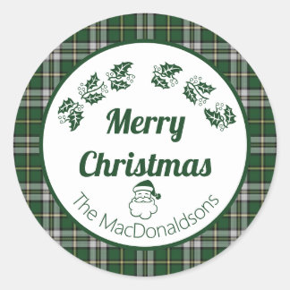 Adesivo Redondo Xadrez verde-tartã Feliz Natal Clássico Ronda S