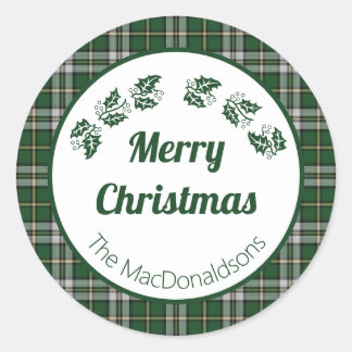 Adesivo Redondo Xadrez verde-tartã Feliz Natal Clássico Ronda S
