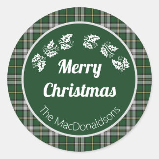 Adesivo Redondo Xadrez verde tartan Feliz Natal