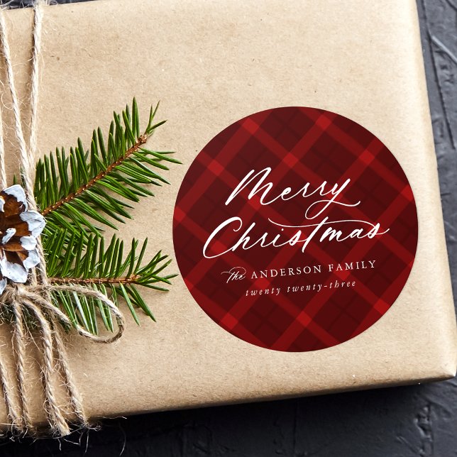 Adesivo Redondo Xadrez Vermelha Bruta Feliz Natal (Criador carregado)