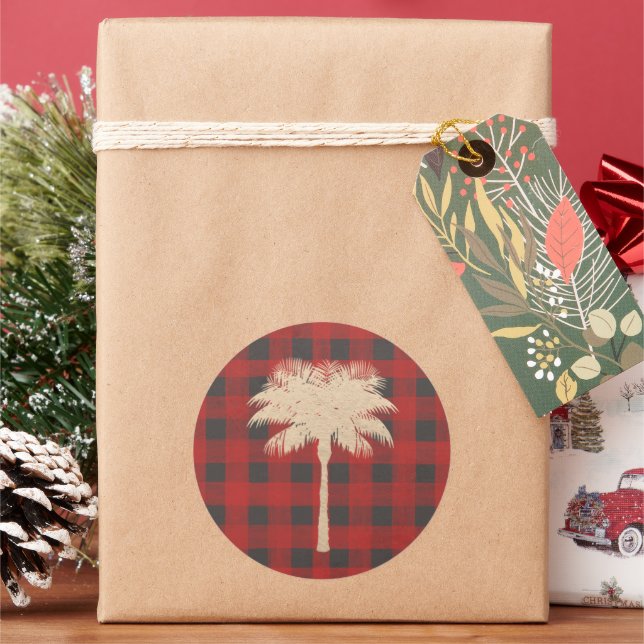 Adesivo Redondo Xadrez Vermelha de Buffalo Dourada Árvore Palm (Feriado)