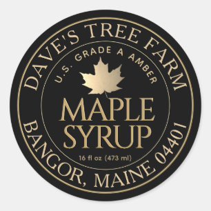 Adesivo Redondo Xarope de Maple a Preto com Folha de Maple Dourada
