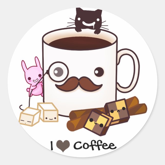 Adesivo Redondo Xícara de café com bigode e animais kawaii (Frente)
